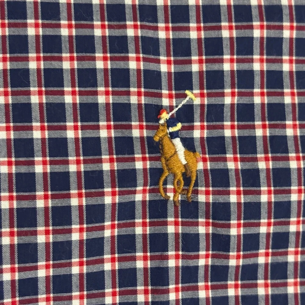 Ralph Lauren Button Down Shirt Mens L Navy Plaid Cotton Long Sleeve Brown Pony